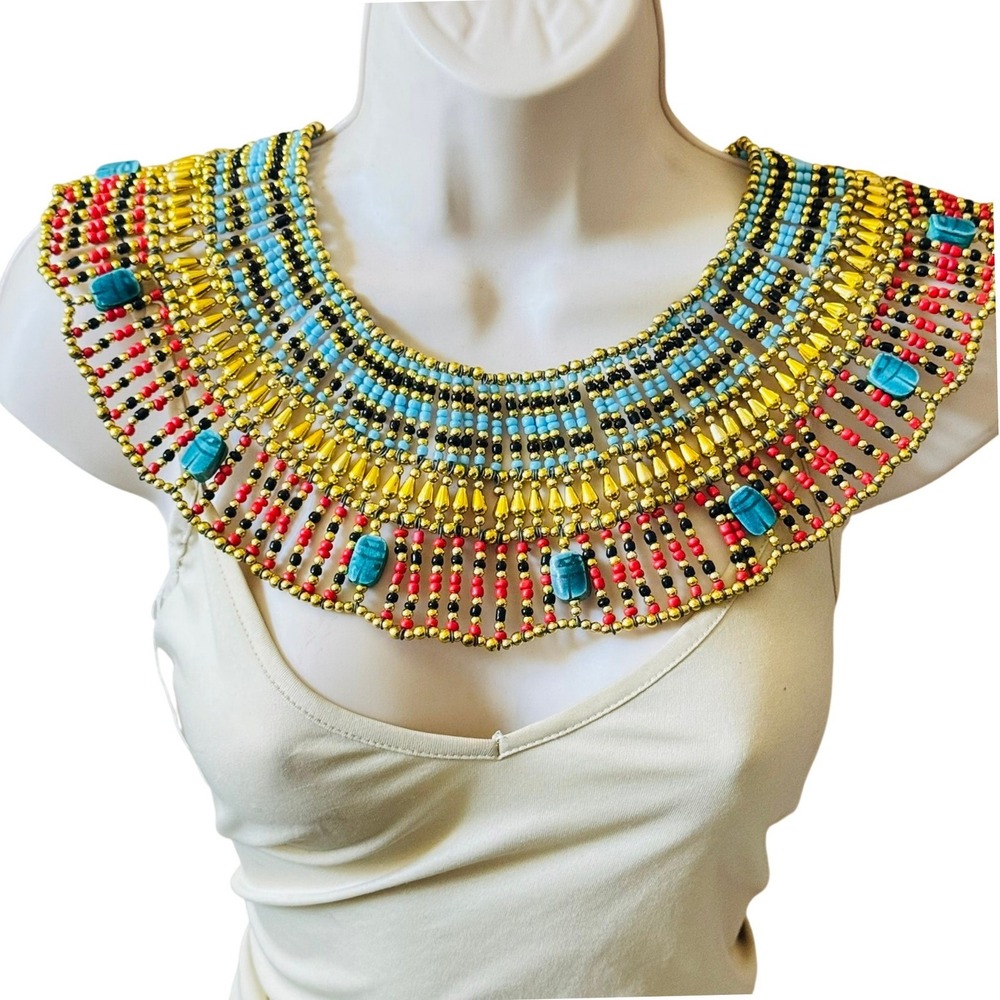 Egyptian Revival Pharaoh Scarab Faience Bib Necklace VtG Beaded Statement chunky